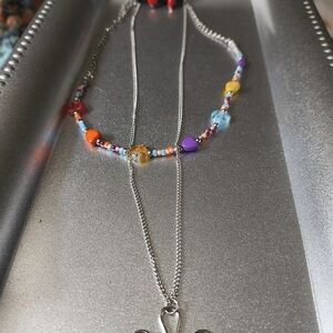 Cottage Core Colorful Beaded Necklace with Silver Chain Double Layer